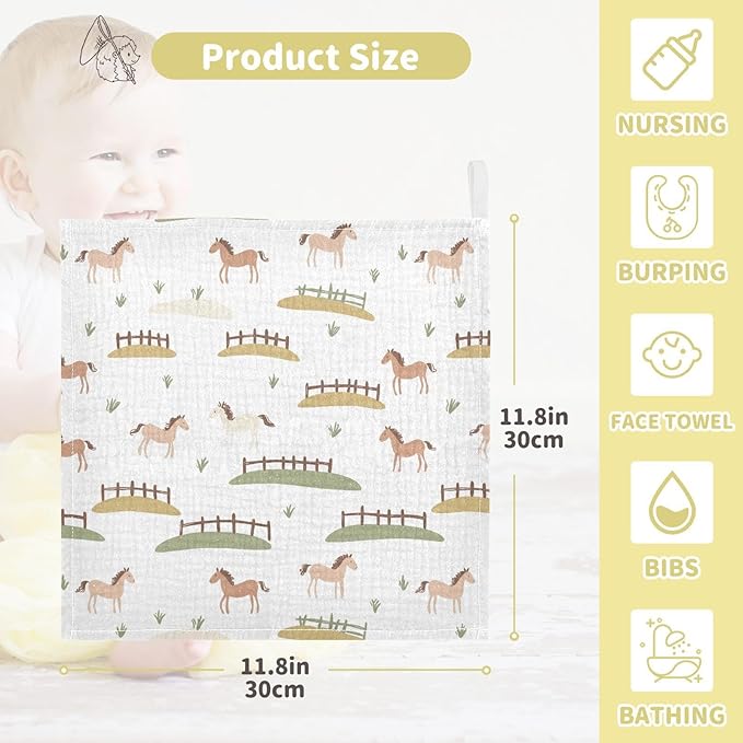 vvfelixl Cute Horses Fences Baby Burp Cloths Baby Muslin Washcloths for Boys Girls Cotton Babys Face Towel for Newborn Infants Soft and Absorbent 11.8 X 11.8 in, 5 Pack