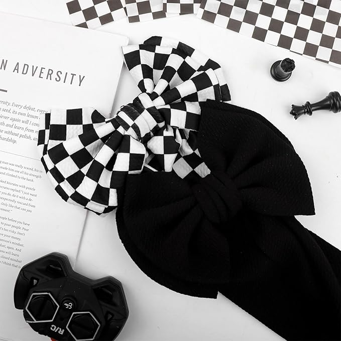 YanJie 2PCS 7’’ Black Bows for Baby Girls Checkered Headband Double Layered Bow Infants Toddler Hair Accessories Newborn Headbands Baby Clothes