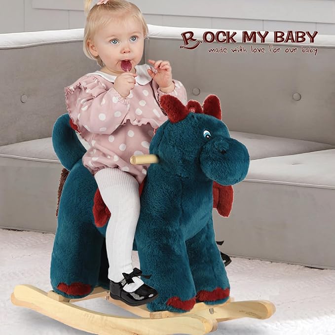 Rocking Horse Dragon, Baby Animal Rocker, Plush Rocking Horse with Sweet Music, Ride on Horse,Wooden Rocking Horse for Toddlers 18+ Months, (Blue Dragon), CPC Certified