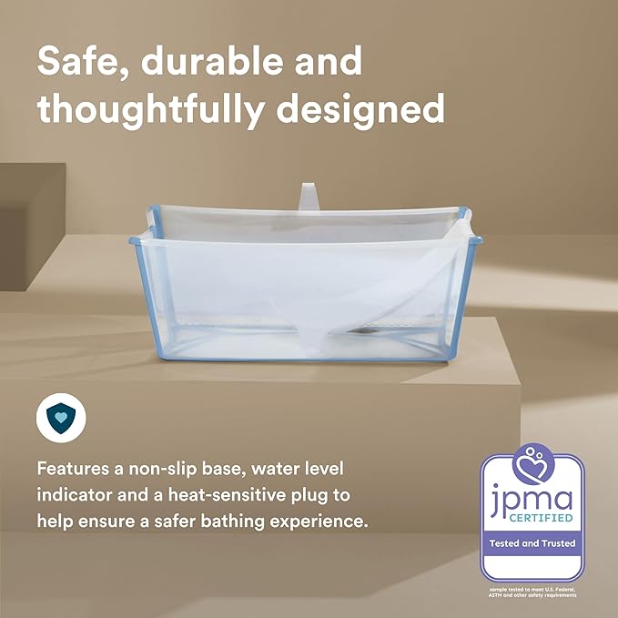 Stokke Flexi Bath Bundle, Ocean Blue - Foldable Baby Bathtub + Newborn Support - Durable & Easy to Store - Convenient to Use at Home or Traveling - Best for Newborns & Babies Up to 48 Months