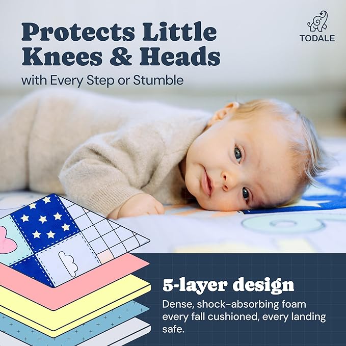 Todale Foldable Baby Play Mat, 50x50 Inch Padded Floor Mat for Infants and Toddlers, Non-Slip Waterproof Tummy Time Mat for Playpens, Educational Activity Area with Numbers and Animals