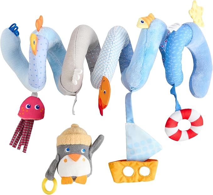HABA Penguin Activity Spiral Car Seat Toy & Stroller Toy for Babies 0-18 Months, Soft Plush Baby Travel Gear with Crinkle, Rattle & Detachable Penguin
