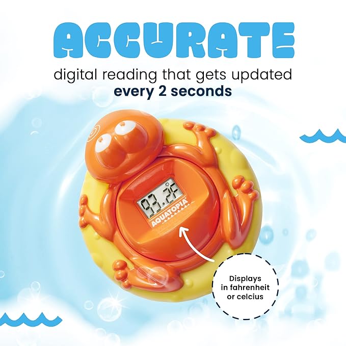 Aquatopia Baby Bath Thermometer Floating Toy with Digital Audible Alarm, Baby Water Thermometer for Bath Temp, Cute Baby Bath Essentials, Beeps When Too Hot or Too Cold, Fergus Frog, Orange