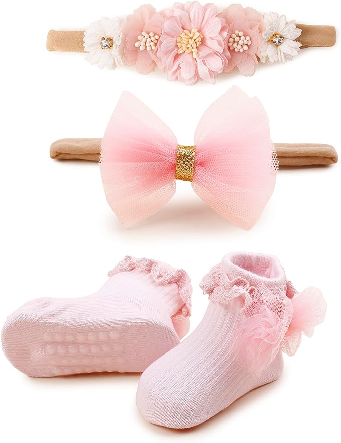 Baby Girls Headband & Socks Set, Cute Socks with Flower Hair Bows Baby Accessories Gifts for Newborn Infant Toddler