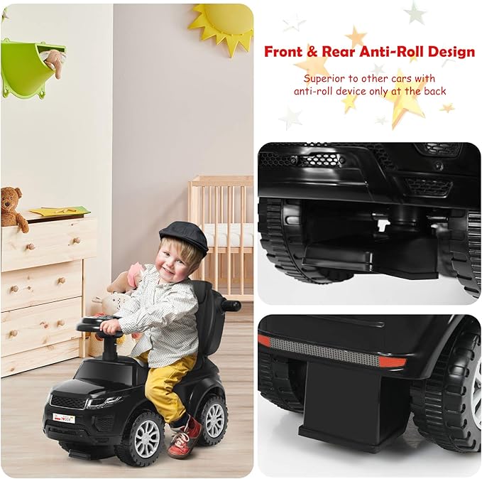 GLACER Push Cars for Toddlers 1-3, 3-in-1 Kids Sliding Car with Detachable Guardrail, Horn, Music, Lights, Storage Box and Anti-Roll Design, Ride on Push Car for Boys Girls (Black)