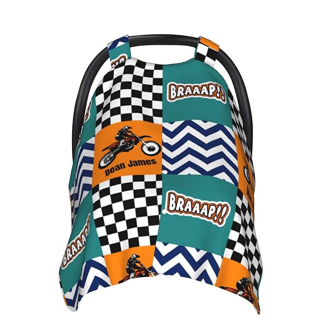 Personalized Baby Car Seat Canopy with Name – Custom Motocross Minky Nursing Cover for Boys, Soft Stroller Cover for Infants & Newborns, Carseat Canopy for Breastfeeding