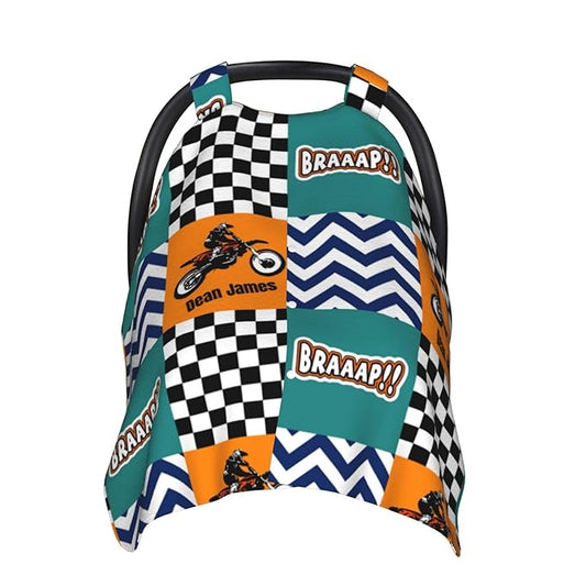 Personalized Baby Car Seat Canopy with Name – Custom Motocross Minky Nursing Cover for Boys, Soft Stroller Cover for Infants & Newborns, Carseat Canopy for Breastfeeding