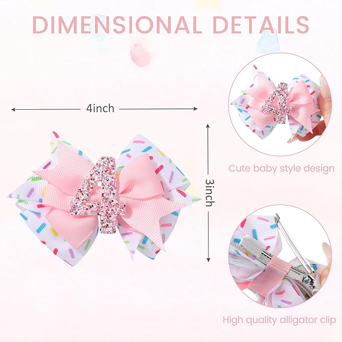 Birthday Hair Bow Hair Clips for Girls 1 2 3 4 5 6 Years, Baby Girl Accessories Bow Birthday Decorations, Pink Baby Girls Ice Cream Hair Bows Clips for 4th