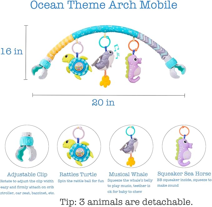 BATOHO Baby Stroller Arch Toy, Clip On Arch Mobile for Bassinet with Universal Clamps, Activity Toy Bar for Bouncer Musical Crib Mobile Toys for Infants Car Seat Toys Rattle Turtle Music Whale