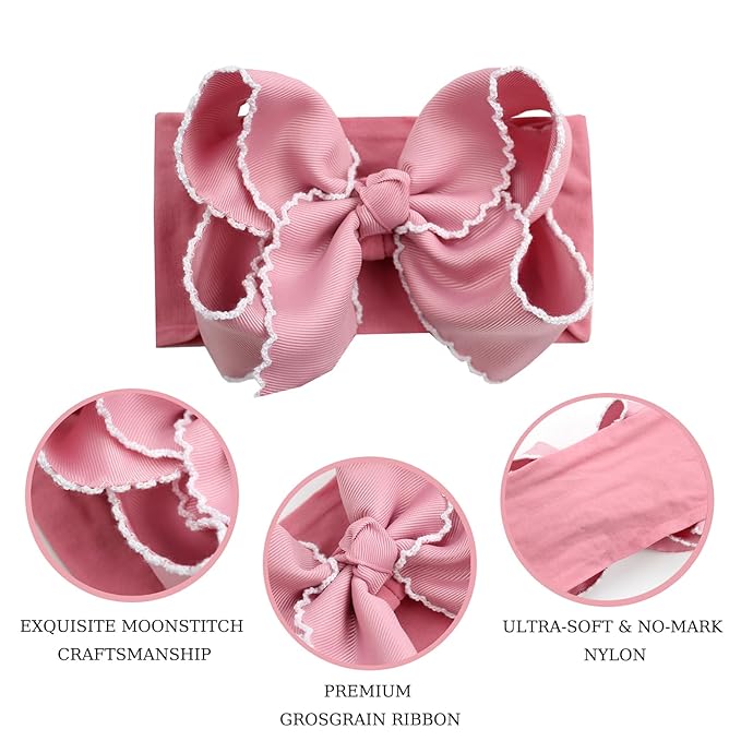 6'' Jumbo Blush Pink Baby Girls Bow Headbands, Handmade Grosgrain Moonstitch Boutique Baby Headwraps, Super Stretchy Soft Nylon Headbands for Newborns, Infants & Toddlers