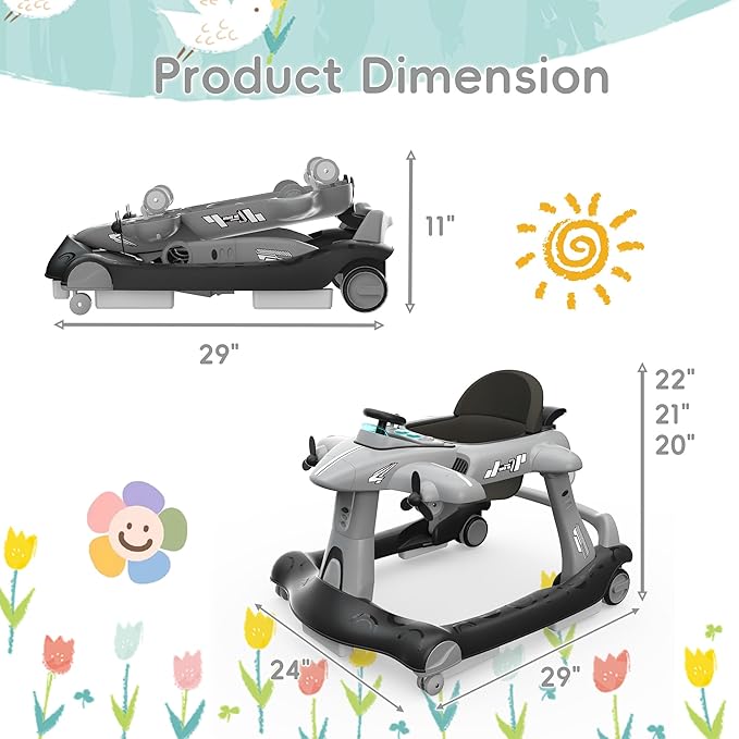 Betterhood 6-in-1 Foldable Baby Walker with Adjustable Height & Speed, Airplane-Themed Activity Push Walker with Music & Lights, Wheels, Anti-Slip Design, Suitable for Boys & Girls Aged 6-18 Months