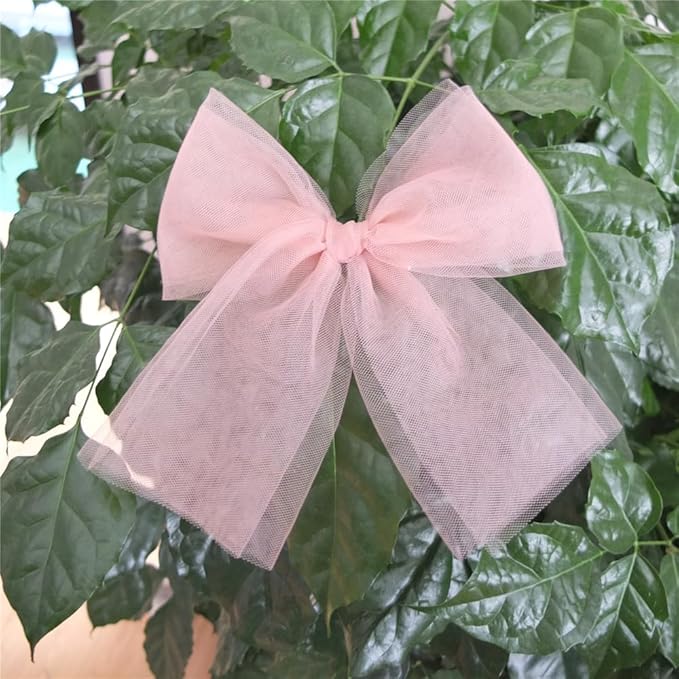 Large Tulle Bows Hair Clips for Baby Girls - Lace, Cottagecore, Lightweight Gauze Barrettes Accessories (Pink Floral and White)