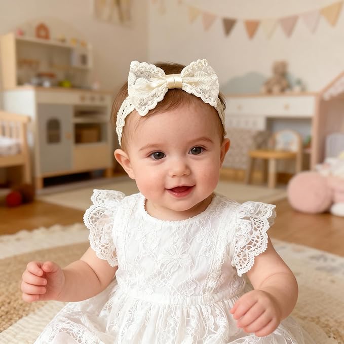 Baby Girls Bow Lace Headband Cute Soft Hairband White Butterfly Knot Headbands for Newborn Infants Toddlers Kids Christening Baptism Birthday Party Hair Accessories（Big flower bow）