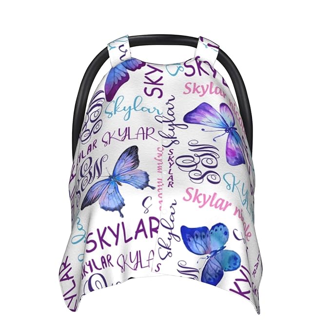 Personalized Baby Car Seat Canopy for Babies with Name, Custom Butterfly Purple Stroller Car Seat Covers for Girls, Minky Nursing Carseat Cover for Breastfeeding, Car Seat Canopies for Infant Newborn