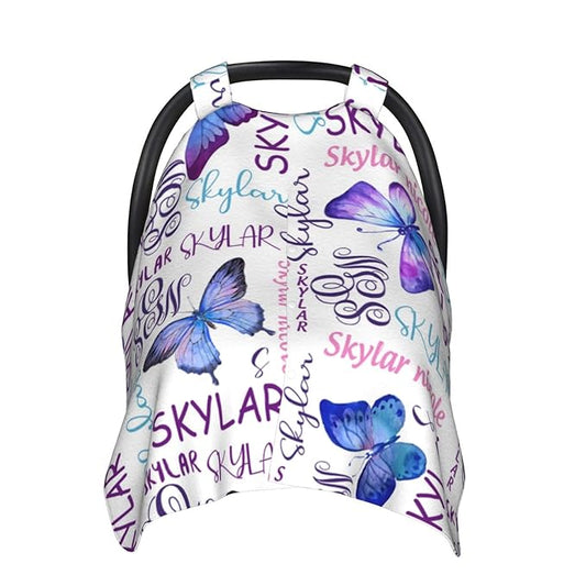 Personalized Baby Car Seat Canopy for Babies with Name, Custom Butterfly Purple Stroller Car Seat Covers for Girls, Minky Nursing Carseat Cover for Breastfeeding, Car Seat Canopies for Infant Newborn