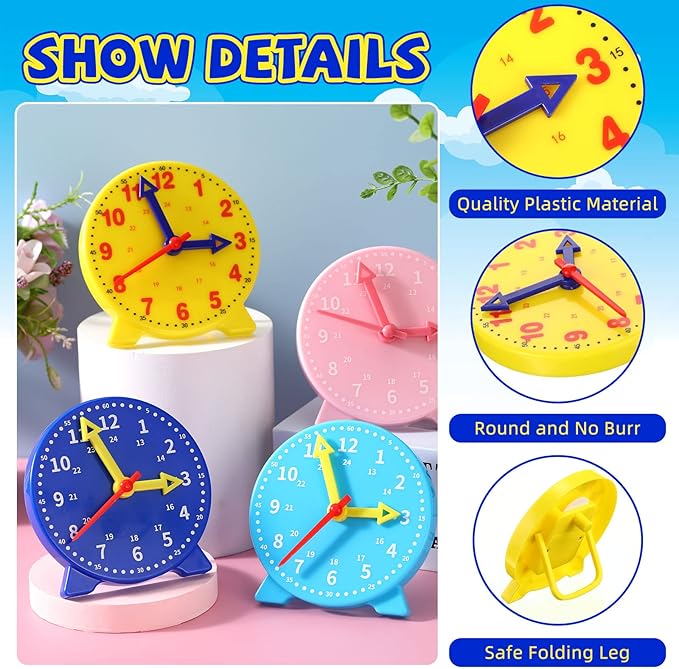 Batiyeer 24 Pcs Teaching Clock Kit for Kids to Tell Time Teaching Mini Geared Clock for Kids Basic Math Development Teacher and Classroom Supplies, 4 Inch(Dark Blue, Yellow, Pink, Sky Blue)