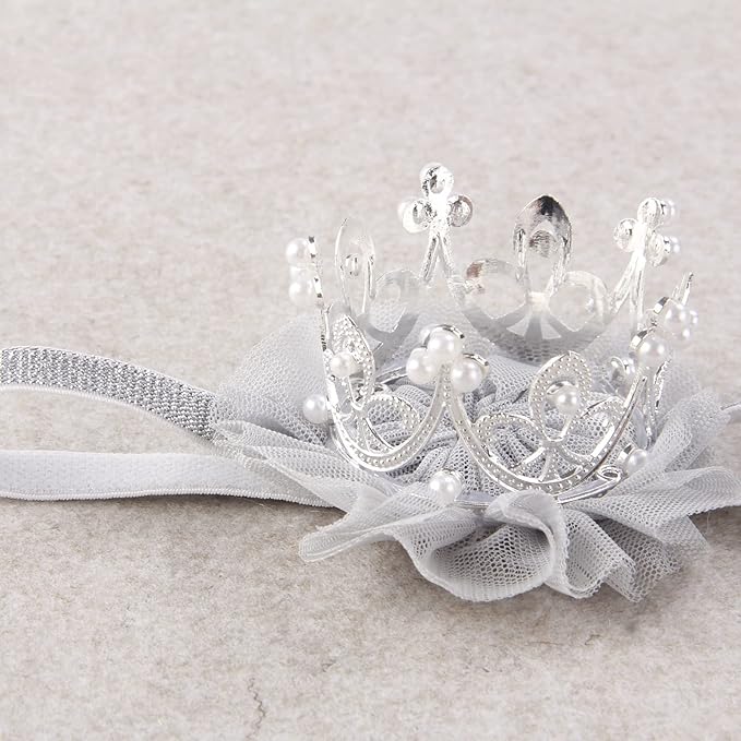 Nishine Princess Toddler Girls Crown Tiaras Baby Elastic Birthday Party Crown Headband Photo Props Gift (Pearl&Silver)