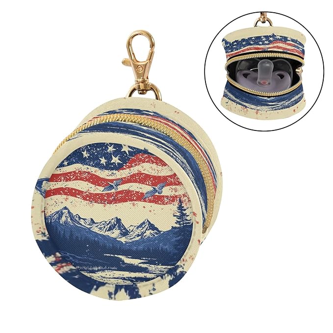 Pacifier Holder with Clip Pacifier Case for Diaper Bag Round Baby Pacifier Pouch Box Bag Portable July 4th Flags Mountains Blue