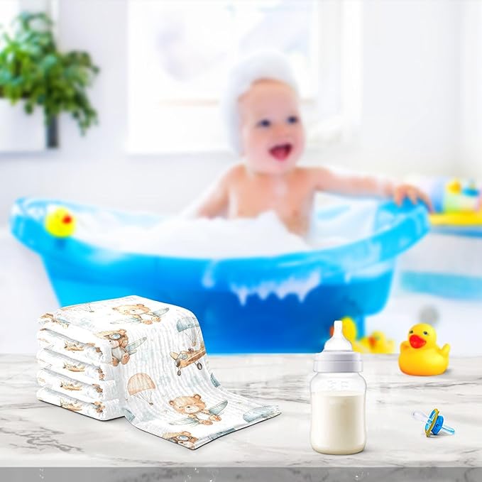 vvfelixl Baby Muslin Washcloths Cute Bear Pilot Baby Burp Cloths Cotton Babys Face Towel for Newborn Infants Boys Girls Soft and Absorbent 11.8 X 11.8 in, 3 Pack