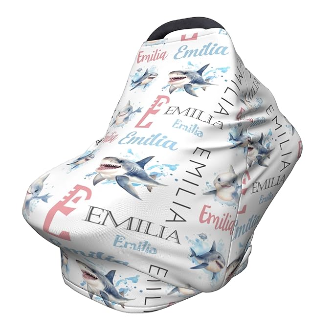 Personalized Baby Car Seat Cover with Name Stroller Canopy Custom Shark Carseat Cover Newborn Baby Boy Girl Nursing Cover for Moms First Birthday Gift