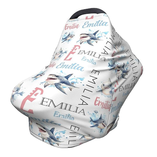 Personalized Baby Car Seat Cover with Name Stroller Canopy Custom Shark Carseat Cover Newborn Baby Boy Girl Nursing Cover for Moms First Birthday Gift