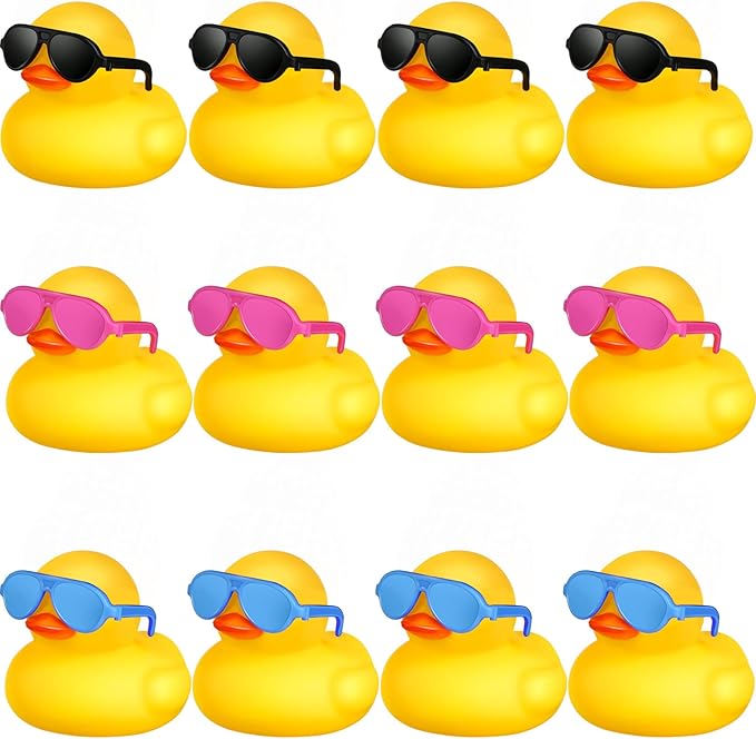 Chivao 12 Pcs Rubber Ducks with 12 Sunglasses/ Hats/ Headwear Small Mini Carnival Cruise Birthday Rubber Duckies Bathtub Toys in Bulk(Duck with Colored Glasses,Yellow)