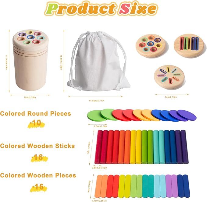 Wooden Montessori Baby Toddler Toys, 3 in 1 Educational Sensory Color Sorting Toys for Toddlers 1-3, Educational Color Sorting Fidget Sensory Toys