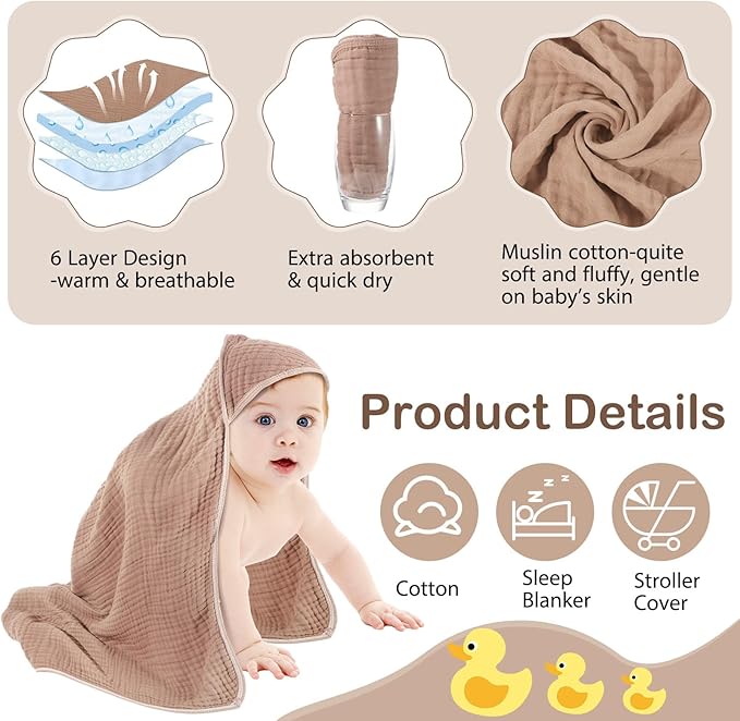 Peryiter 6 Pcs Muslin Hooded Baby Towels, 32"x 32" Cotton Newborn Bath Towel Muslin Infant Baby Blankets Absorbent Unisex Newborn Registry Gift Essentials for Girls Boys (Elegant Color)