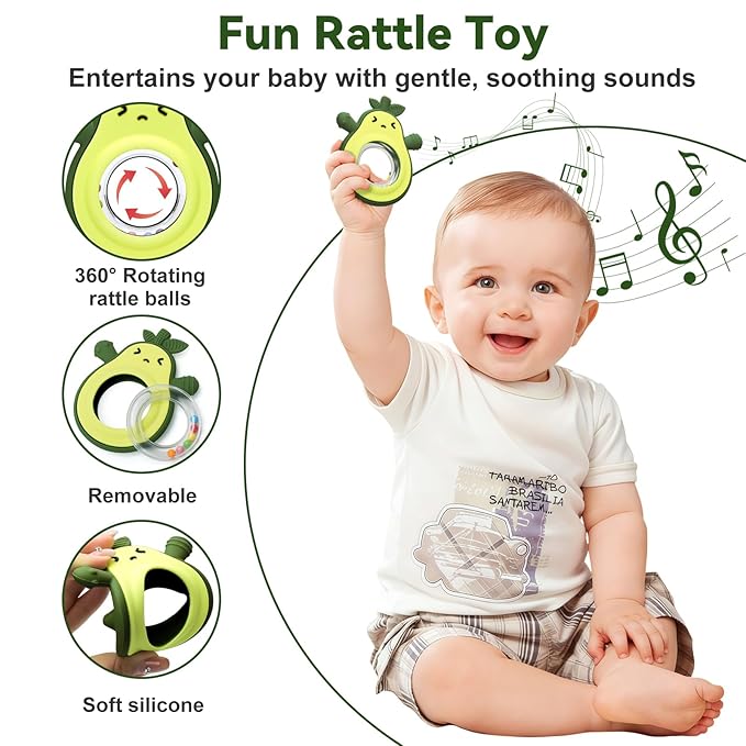 Baby Rattles Teething Toy for Babies 0-6 Months, Avocado Design BPA Free, Teething Relief for Infant 3-24 Months, Silicone Teethers Boys and Girls Sensory Toy