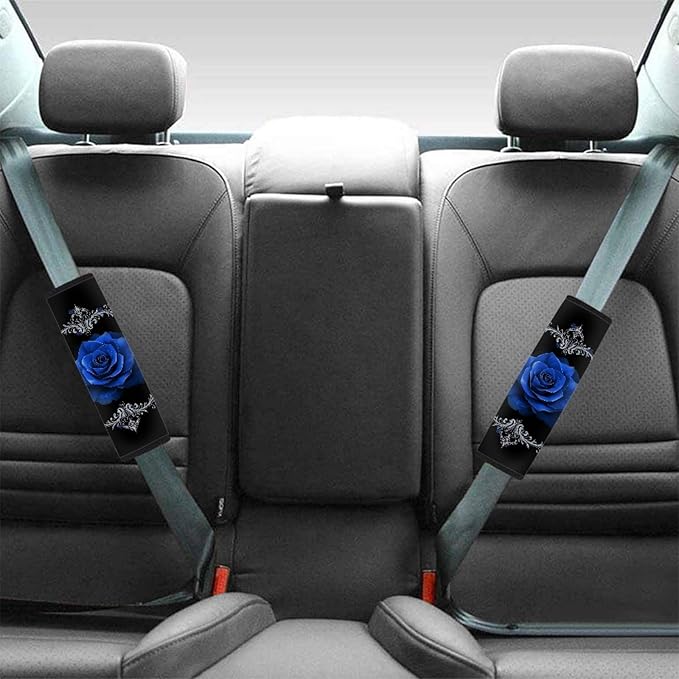 Biyejit Blue Rose Print 2Pcs Car Seat Belt Cover Shoulder Seatbelt Pads Cover, Safety Belt Strap Shoulder Pad for Adults and Children