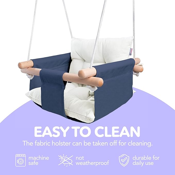 CaTeam - Canvas Baby Swing, Wooden Hanging Swing Seat Chair with Safety Belt, Durable Baby Swing Chair, Outdoor and Indoor Swing for Kids, Mounting Hardware Included, Blue