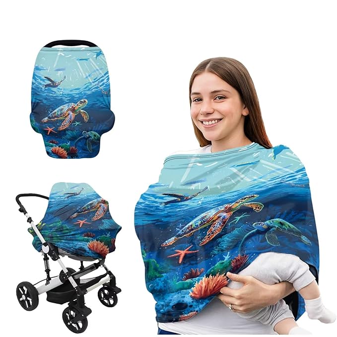 Ocean Car Seat Cover for Babies Sea Turtle Multi-Purpose Soft Rayon Nursing Cover for Breastfeeding,High Stretchy Infant Carseat Canopy Stroller Cover