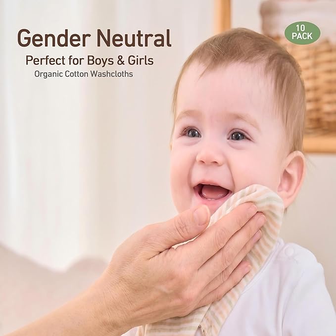 Organic Cotton Baby Washcloths - 10 Pack | Ultra-Soft Newborn Face Bath Towel - Reusable Baby Wipes for Delicate Skin Thin & Lightweight (Multicolor)