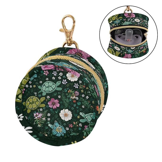Pacifier Holder with Clip Pacifier Case for Diaper Bag Round Baby Pacifier Pouch Box Bag Portable Dark Green Turtles and Cute Flowers