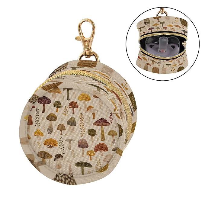 Pacifier Holder with Clip Pacifier Case for Diaper Bag Round Baby Pacifier Pouch Box Bag Portable Vintage Beige Mushrooms and Leaves