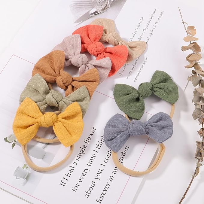 Baby Girl Linen Hair Bow Nylon Headband 12PCS, Soild Color Bow Hair Band, Handmade Head Accessories for Infant Newborn Toddlers Kids