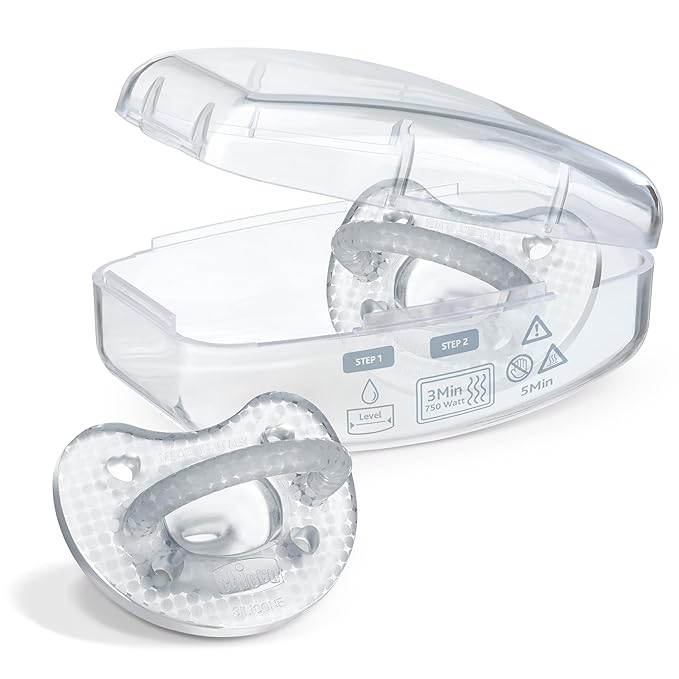 Chicco PhysioForma Luxe Orthodontic Pacifier for Babies 0-6 Months, One-Piece 100% Soft Silicone, Supports Breathing, Textured Shield & Handle, Included Sterilizing Case, BPA Free, 2-Pack, Crystal
