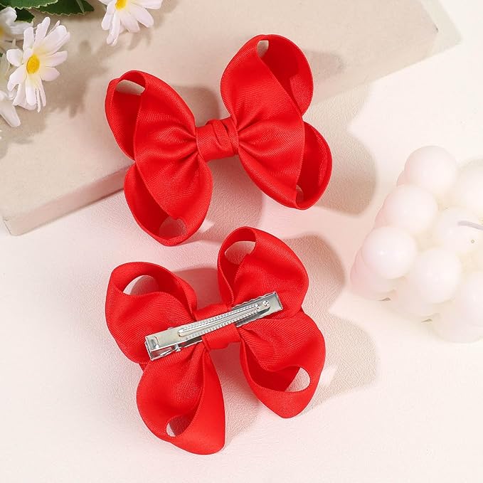 OAOLEER 2PCS 3.5inch Hair Bows for Girls，Red Stain Ribbon Hair Bows Alligator Clips Hair Accessories for Back To School Teen Toddler Girls Kids (Red)
