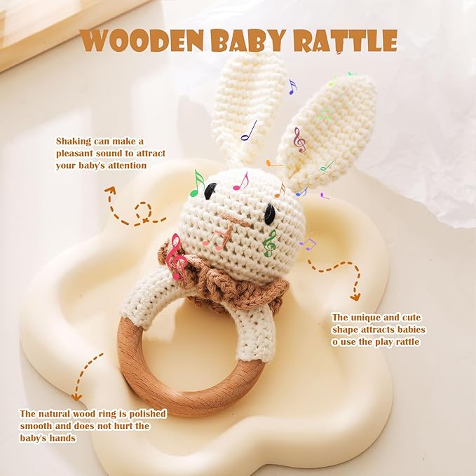 Wooden Baby Rattle，Crochet Bunny Rattle with Wood Ring, Newborn Wooden Animal Rattle Toy，Infant Bunny Wood Rattle Toys