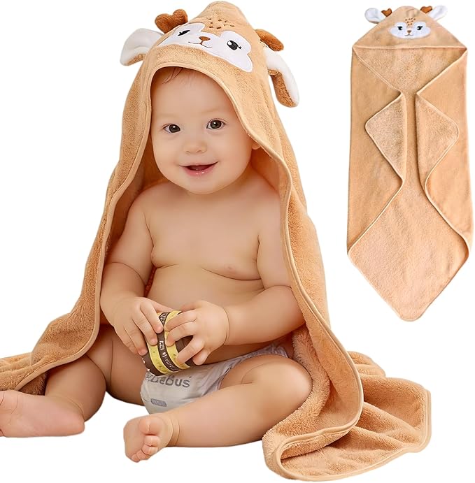 Hooded Baby Towel, Premium Soft Coral Fleece Baby Towel for Baby, Newborns, Toddlers, Infant- Ultra Absorbent, Natural Baby Stuff Towel with Hood for Boys and Girls (Brown Deer)
