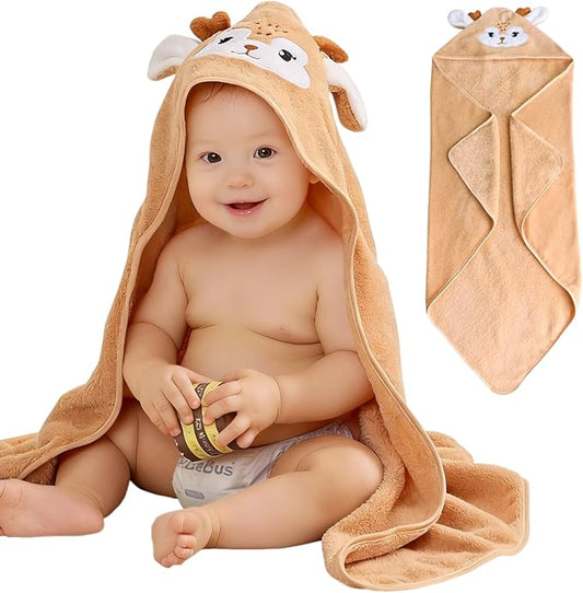 Hooded Baby Towel, Premium Soft Coral Fleece Baby Towel for Baby, Newborns, Toddlers, Infant- Ultra Absorbent, Natural Baby Stuff Towel with Hood for Boys and Girls (Brown Deer)