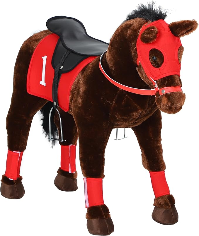 Qaba Ride on Horse for Kids 3-8 Years Old, Toddlers Riding Horse with Neighing Sound, Ride on Animal Pony Toy with Saddle & Stirrups, Brown