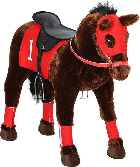 Qaba Ride on Horse for Kids 3-8 Years Old, Toddlers Riding Horse with Neighing Sound, Ride on Animal Pony Toy with Saddle & Stirrups, Brown