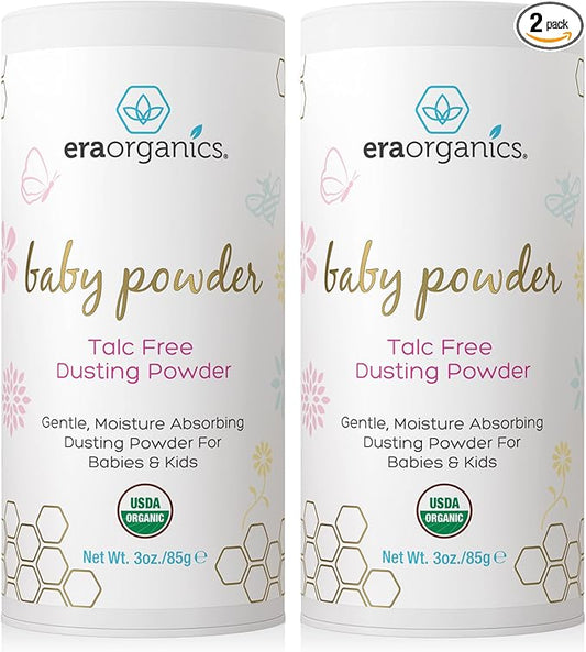 Era Organics Talc-Free Organic Baby Powder - USDA Organic Dusting Powder with Arrowroot, Calendula and Cornstarch for Newborns, Babies or Toddlers - Soothing, Fragrance Free (3oz/85g) - 2 Pack