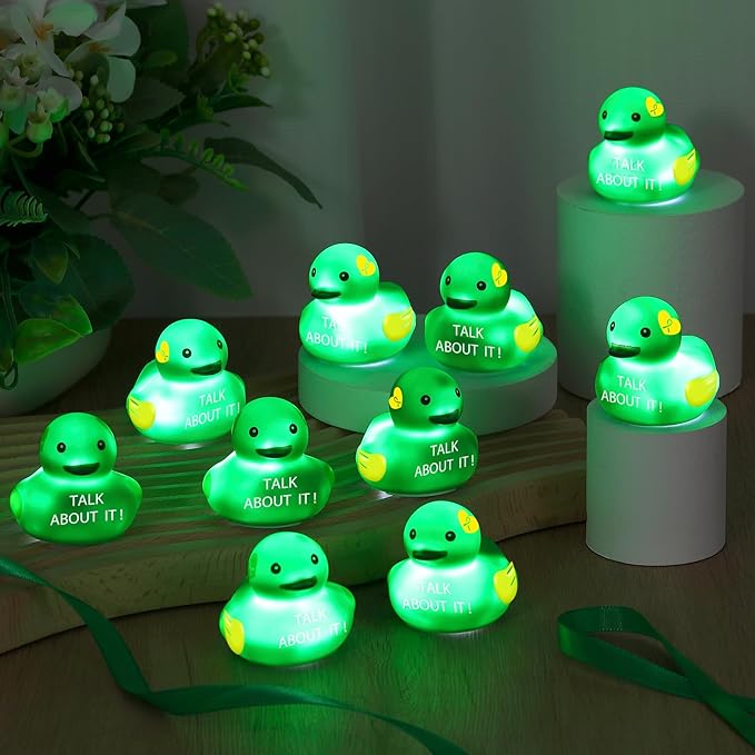 Deekin 100 Pcs LED Light up Mental Health Rubber Duck Mental Health Awareness Items 2'' Green Ribbon Cute Small Rubber Ducks Glow Toy Gifts for Fundraiser Party Supplies