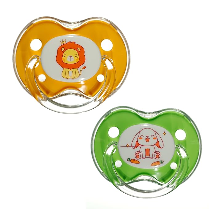 Playtex Baby Binky Orthodontic Pacifier with Snap-On Cover, Air Comfort Shield, Medical Grade Silicone, Up to 6 Months, Orange & Green (2 Count)