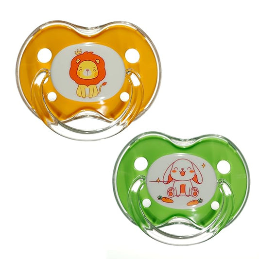 Playtex Baby Binky Orthodontic Pacifier with Snap-On Cover, Air Comfort Shield, Medical Grade Silicone, Up to 6 Months, Orange & Green (2 Count)