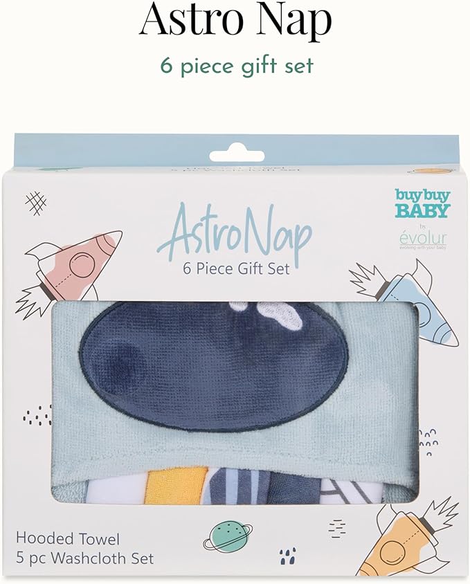 Evolur AstroNap 6 pc Baby Gift Set, Includes Hooded Towel & 5pc Wash Cloths, Soft and 100% Cotton Woven, for Newborn, Infants and Toddlers 0-9 Months