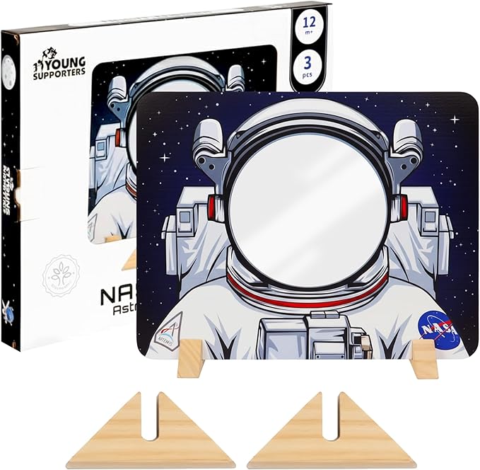 NASA Themed Astronaut Mirror for Toddlers & Kids – Montessori-Inspired Wooden Toy & Space Toy | Kids Room Decor | Shatterproof Mirror for STEM & Early Development | Boys and Girls Gift Ages 1-10