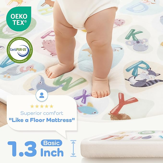 1.3" Thick Educational Baby Floor Play Mat 79x158, Basic Padded Memory Foam Kids Mat, Extra Large Non-Slip Plush Playmat for Nursery Playroom Classroom (ABC Animal)